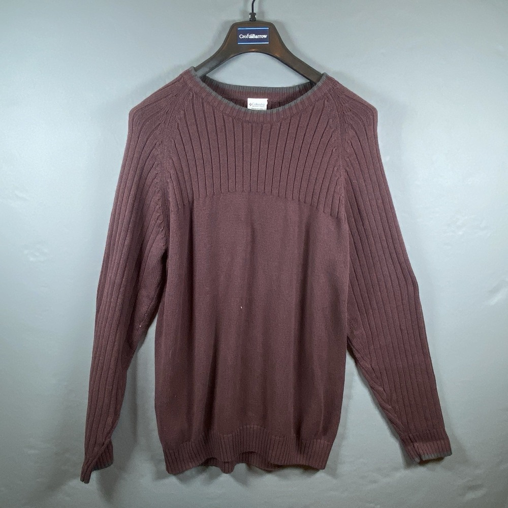 Columbia Sweater Men Large Maroon, Beige Crew Neck, 100% Cotton